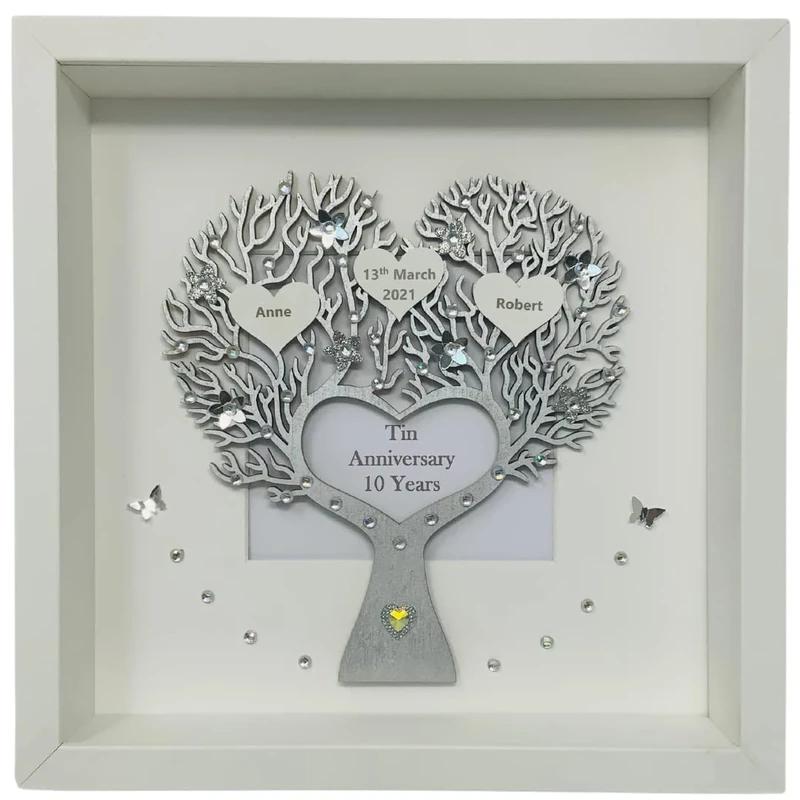10th 10 Years Tin Wedding Anniversary Family Tree Picture Frame Gift Personalised – Various Designs (Heart Tree Metallic)