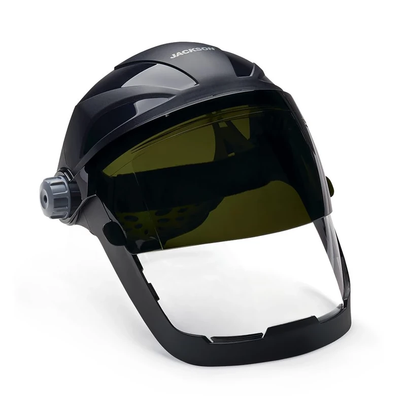 Jackson Safety 14233 Quad 500 Premium Multi-Purpose Face shield/Face Guard; Ratcheting Headgear, Clear Tint, Anti-Fog Coating, visor face protection with 8 IR rated Flipshade, Black