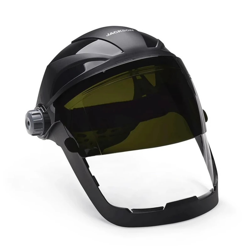 Jackson Safety 14230 Quad 500 Premium Multi-Purpose Face shield/Face Guard; Ratcheting Headgear, Clear Tint, Anti-Fog Coating, visor face protection with 5 IR rated Flipshade, Black