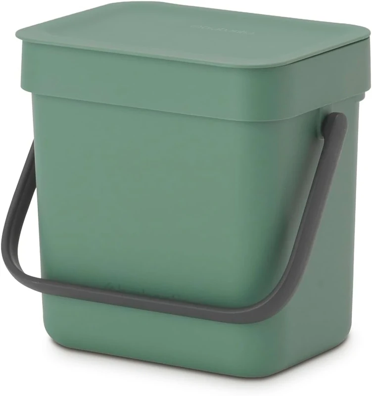 Brabantia Sort & Go Food Waste Bin 3L (Fir Green), Space-Efficient Plastic Recycle Bin with Handle, Removable and Stay-Open Lid, Easy to Clean Kitchen Compost Caddy without Nooks and Rims