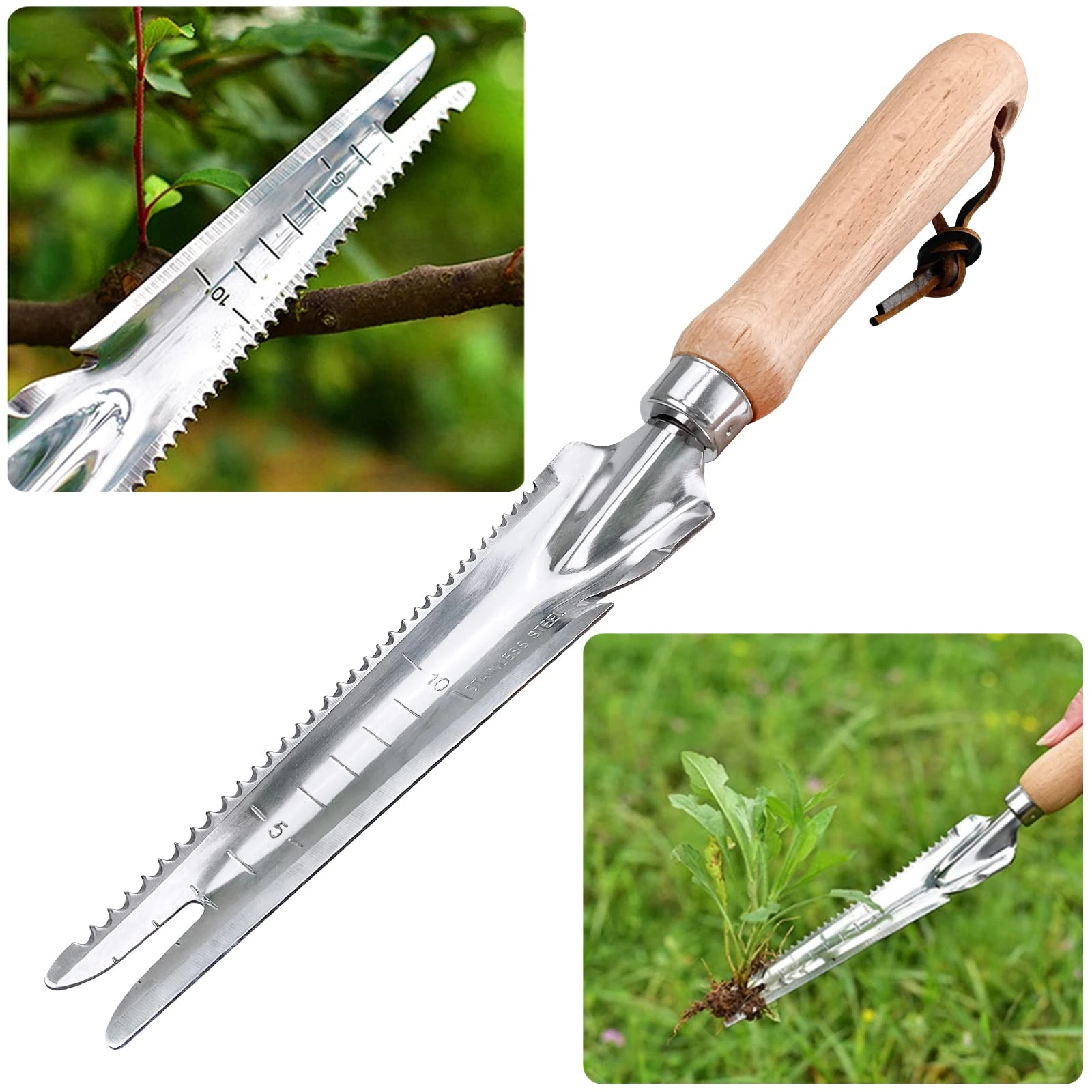 Garden Weeding Tools Multifunctional Manual Weeder Stainless Steel Weed Remover Tool, Wooden Handle Weeder with Measure, Dandelion Removal Tool Hand Weed Puller for Garden Yard Patio Lawn Transplant