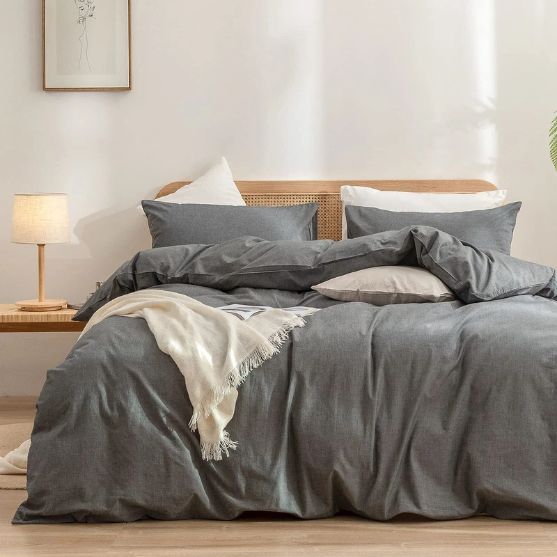 BESTOUCH 100% Washed Cotton Bed Linen Set, Super Soft Touch Comfortable Chic Lightweight 3-Piece Bedding Set Home Solid Dark Grey King