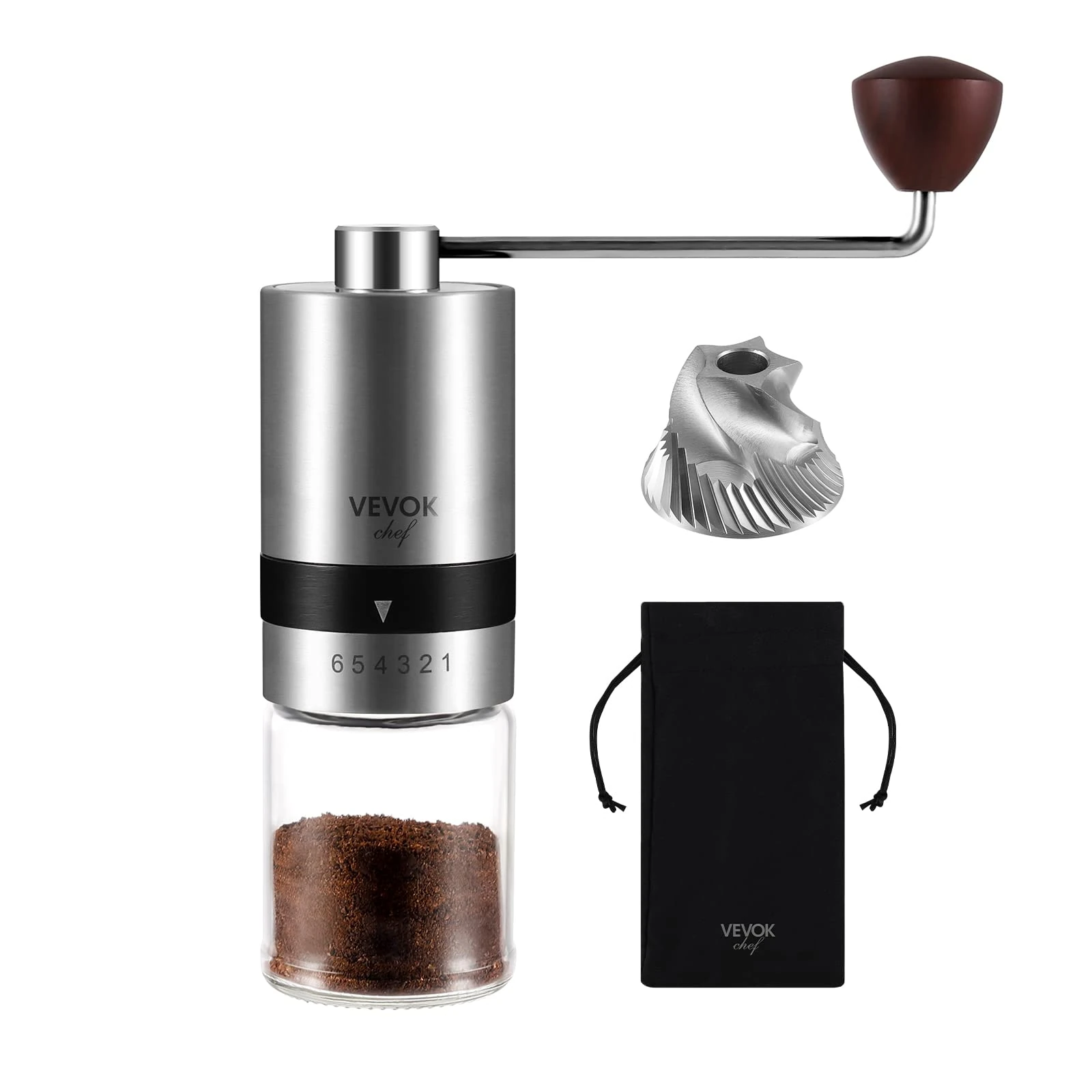 Vevok Chef Manual Coffee Grinder with 6 External Adjustable Coarseness for Espresso to French Press, Stainless Steel Conical Burr, Ideal for Home, Office or Travelling, Silver