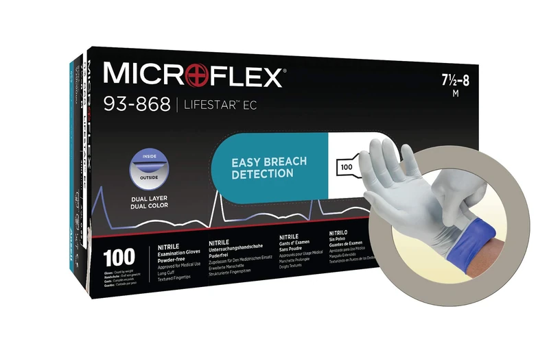 Ansell MicroFlex 93-868 Disposable Exam Gloves, LIFESTAR EC for First-Aid or Medical Uses, Dual Layer Protection, Single Use Chemical Resistant Glove, White, Size M (100 Gloves)
