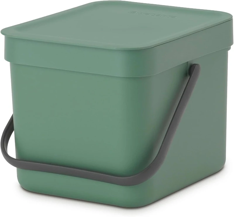 Brabantia Sort & Go Food Waste Bin 6L (Fir Green), Space-Efficient Plastic Recycle Bin with Handle, Removable and Stay-Open Lid, Easy to Clean Kitchen Compost Caddy without Nooks and Rims