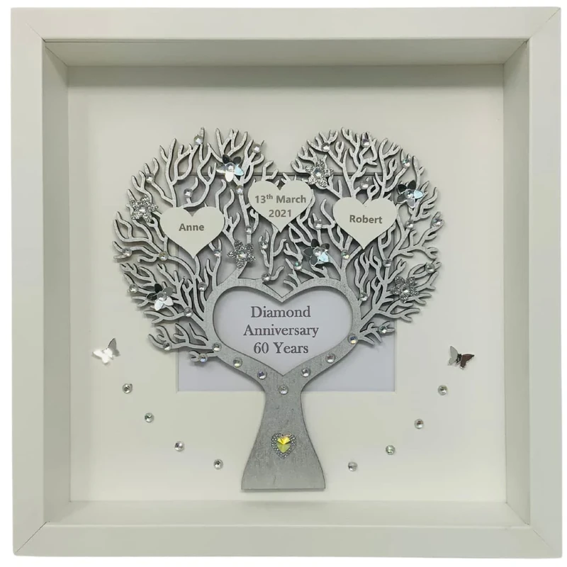 60th 60 Years Diamond Wedding Anniversary Family Tree Picture Frame Gift Personalised – Various Designs (Metallic Heart Tree)