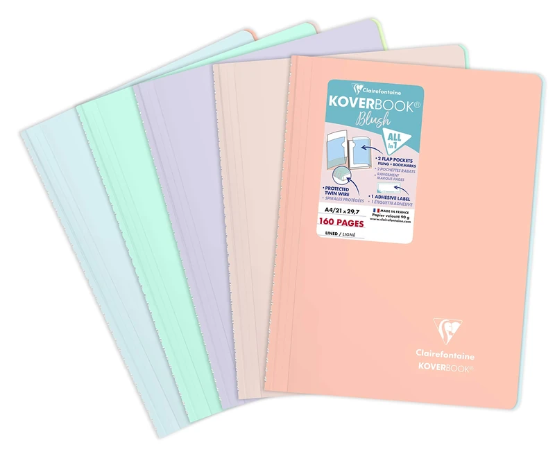 Clairefontaine 376781C Set of 5 Spiral Notebooks Koverbook Blush - A4 21x29,7 cm - 160 Ruled Pages - White Paper 90 g - Opaque Polypro Cover - Random Colours