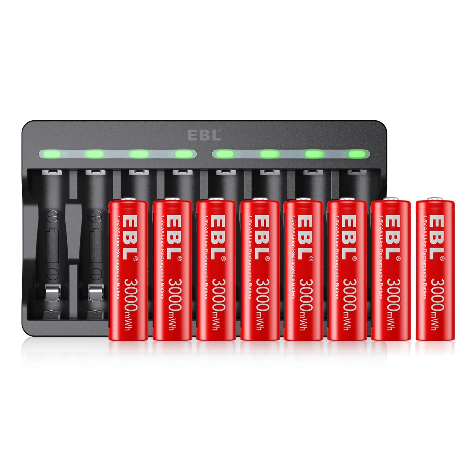 EBL Pack of 8 1.5V 3000mWh AA Rechargeable Lithium-ion Battery & 8 Slots Lithium-ion Battery Charger for Rechargeable AA and AAA Lithium Batteries
