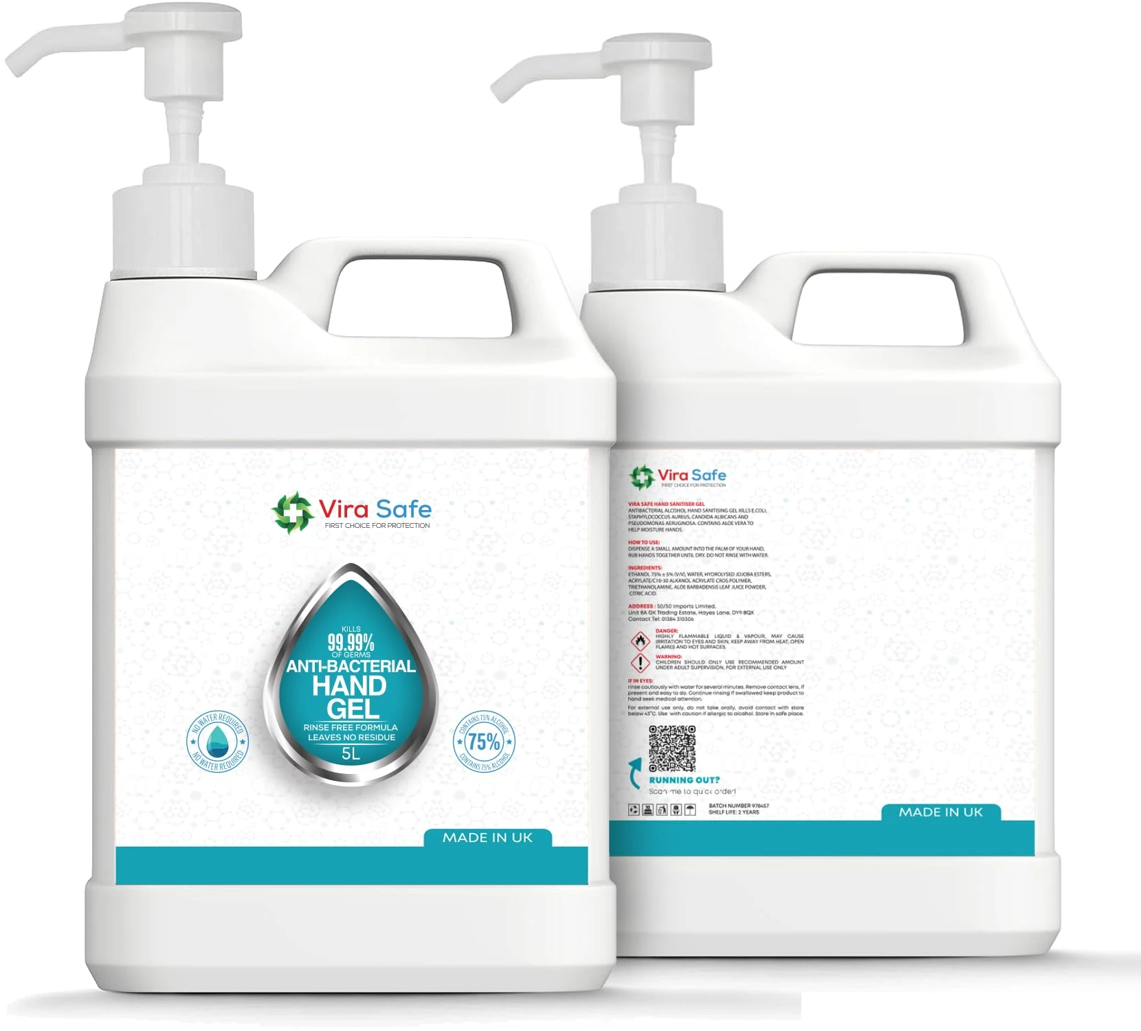 5 Litre Hand Sanitiser Gel 70% Alcohol UK Brand 5000ml Vira Safe Sanitizer 5L HandGel