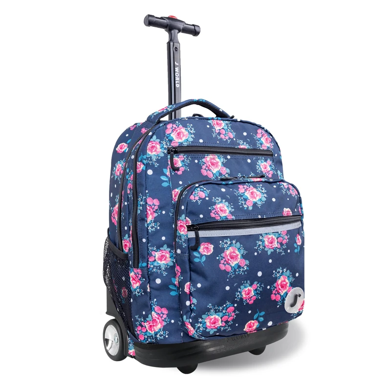 J World New York Sundance Rolling Backpack Girl Boy Roller Bookbag, Navy Rose, 20 X 13 X 9 (H X W X D), Sundance Rolling Backpack Girl Boy Roller Bookbag