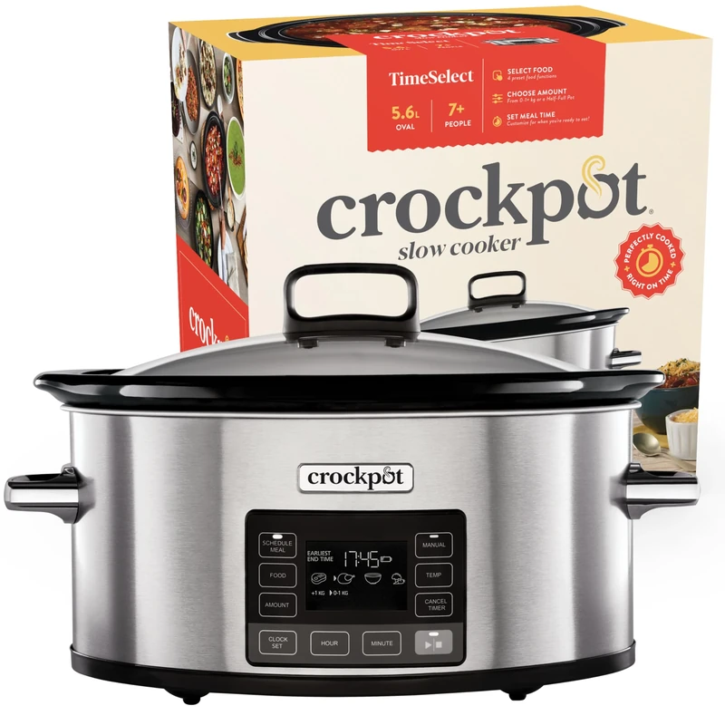 Crock-Pot TimeSelect Digital Slow Cooker | Programmable Digital Display | 5.6 L (7+ People) | Keep Warm Function | Energy Efficient | Stainless Steel [CSC066]