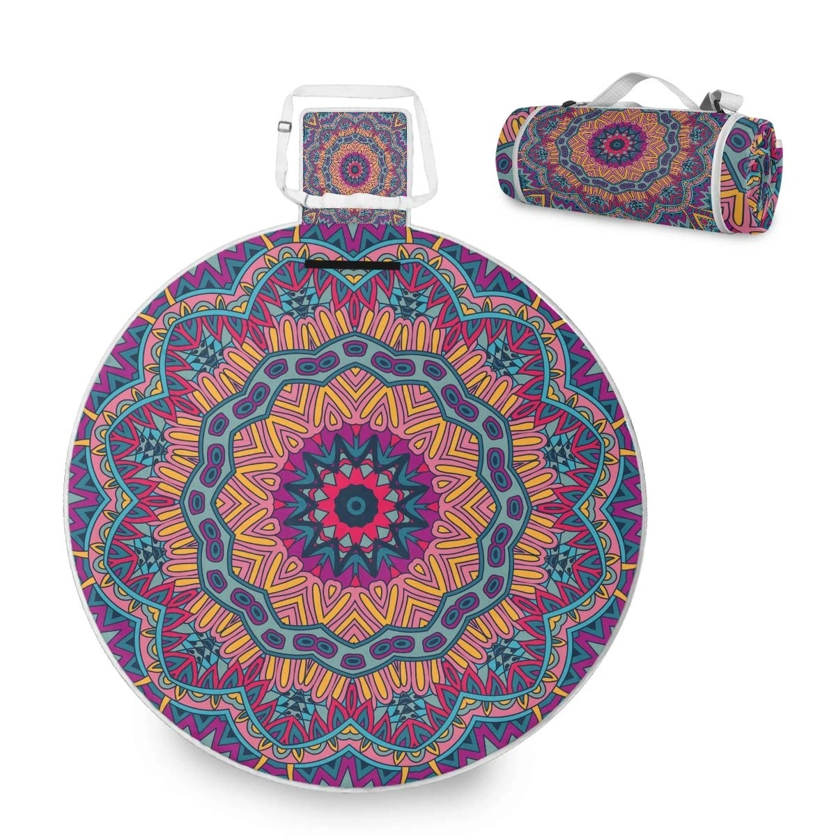 ALAZA Round Waterproof Picnic Blanket, Colorful Mandala With Lotus Portable Folding Indoors Rug Outdoors Mat for Travel Hiking Camping Park, 148cm