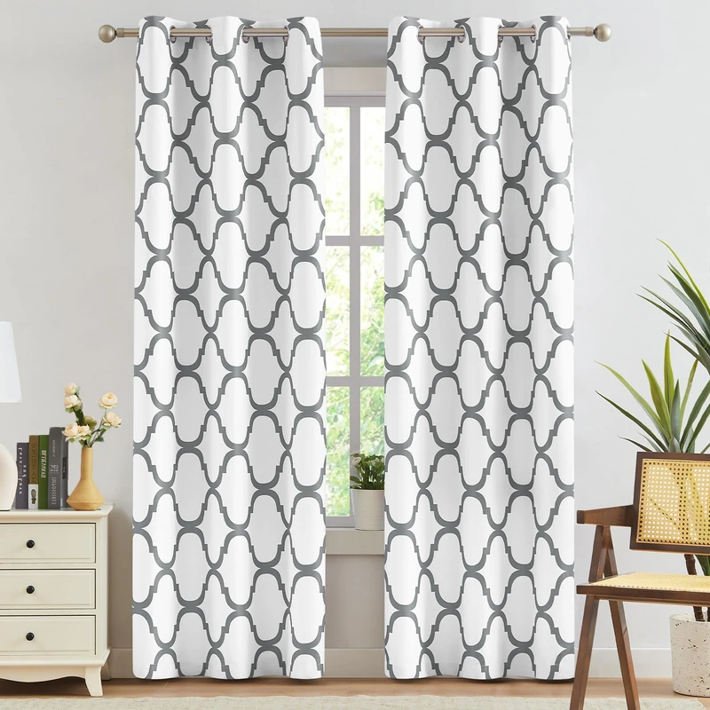 Melodieux Moroccan Fashion Thermal Insulated Room Darkening Blackout Grommet Curtains for Living Room, 42 by 96 Inch, Off White/Grey (2 Panels)