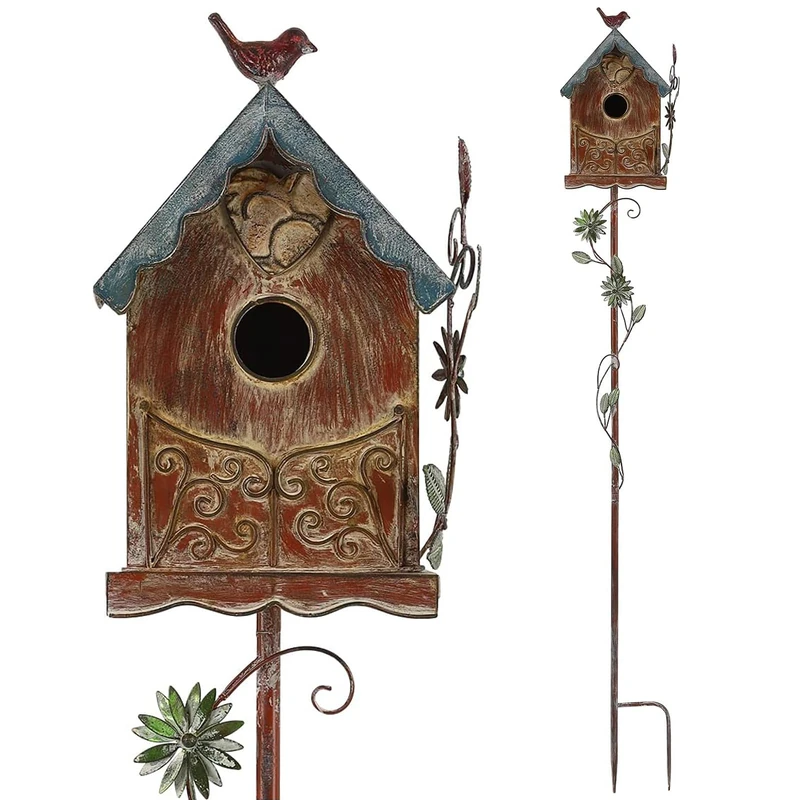 MOCOME Baroque Cottage Bird House Stake for Outside with Pole, Distressed Metal Birdhouse Stand for Outdoor Garden,Purple