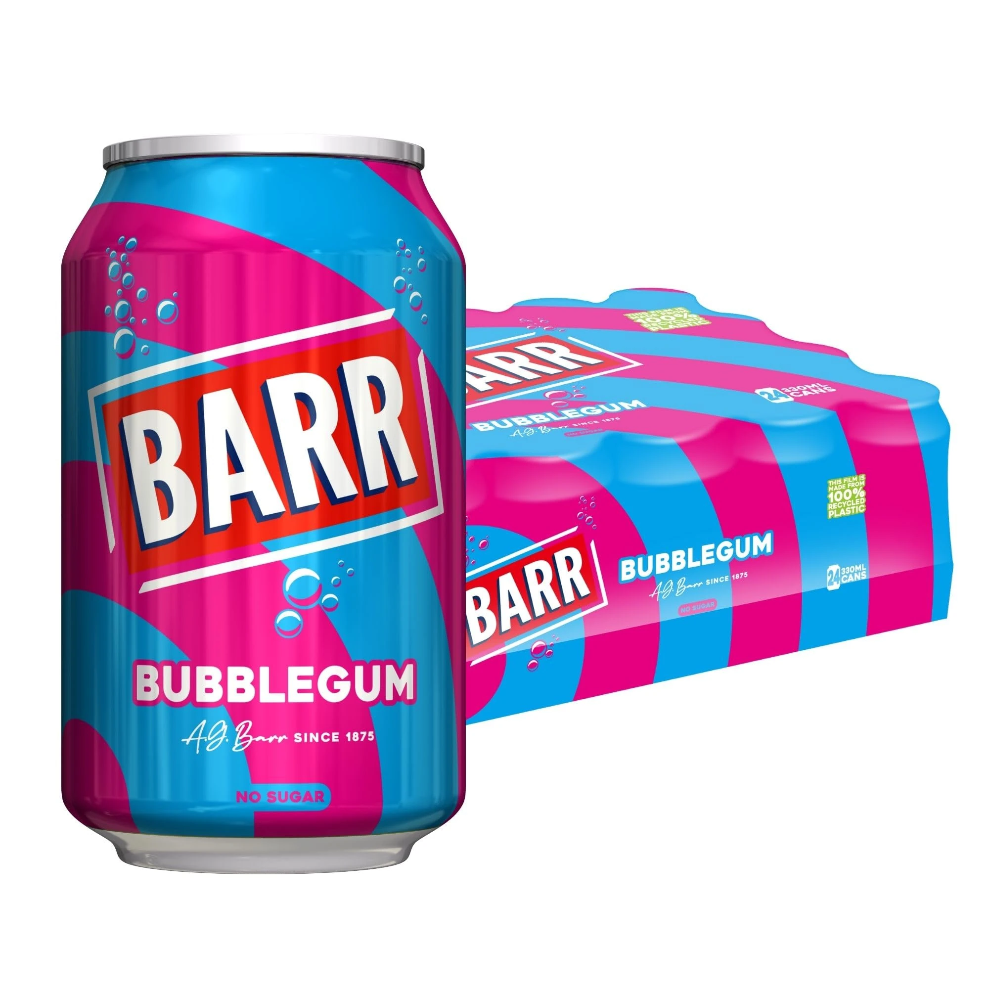 Barr Bubblegum - Fizzy Drinks 24 Pack x 330ml Cans - Bubblegum Pop Soft Drink Cans with Zero Sugar