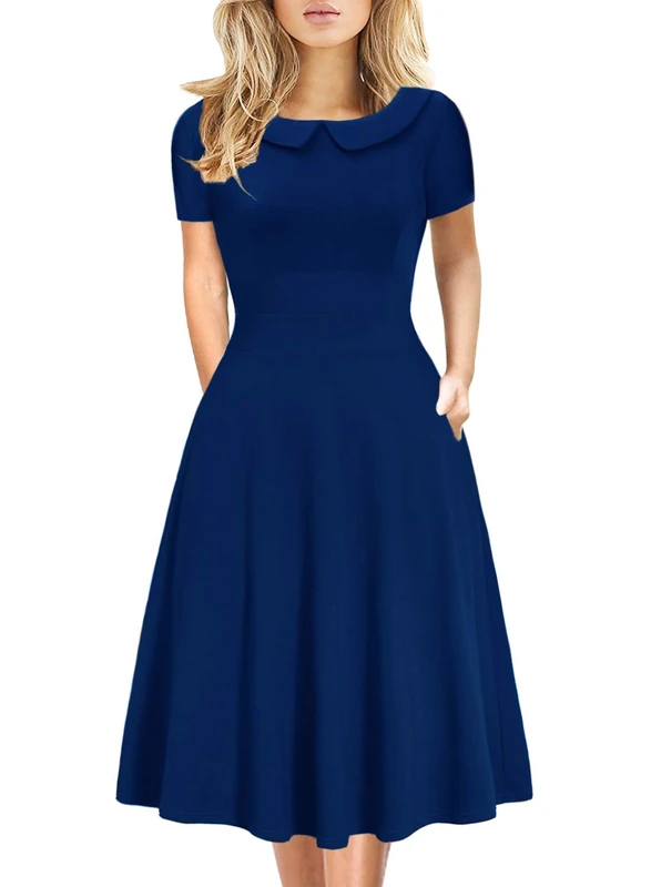 Women's Elegant Vintage Cotton Casual Floral Print Work Party A-Line Swing Dress with Pockets 162, Royal Blue-978, L