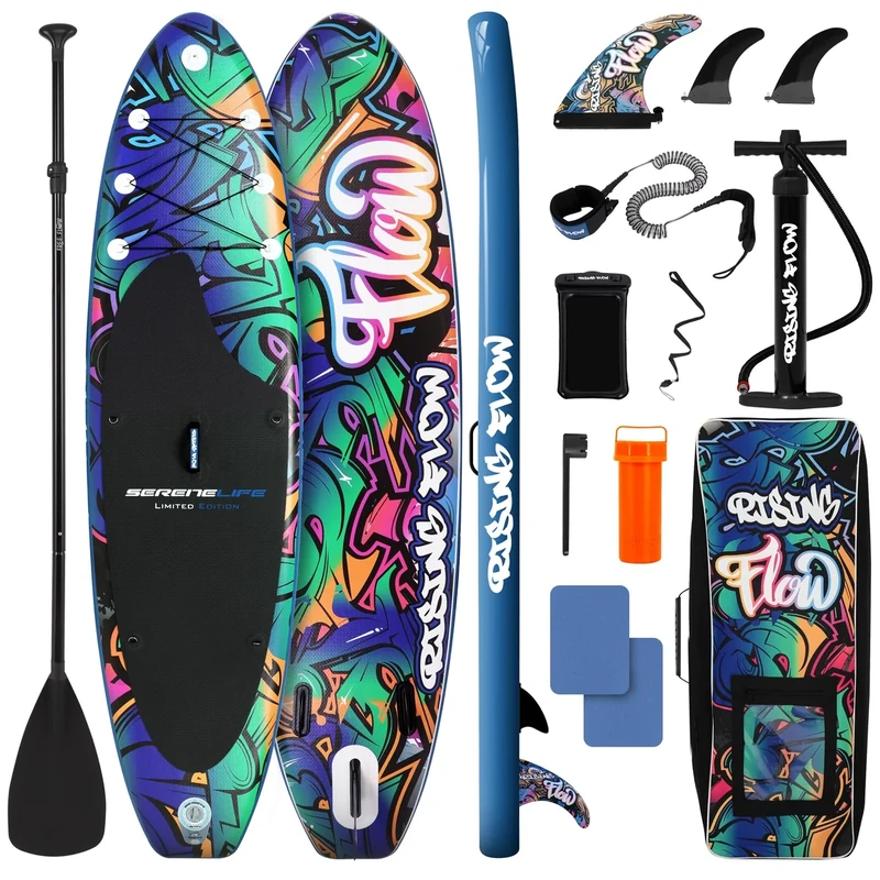 SereneLife Stand Up Paddling Board Set – SUP Board Aufblasbar mit Paddel, Pumpe, Leine, Finne, Rucksack & Mehr – SUB Paddleboard für Kinder & Erwachsene – für Wassersport in Seen, Flüsse & Meer