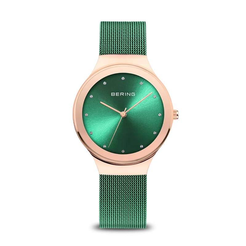 BERING Women's Quartz Watch, 34 mm Rose-Gold Stainless-Steel Case and Green Dial, Milanese Strap, Sapphire Crystal, 3 ATM, 12934-868