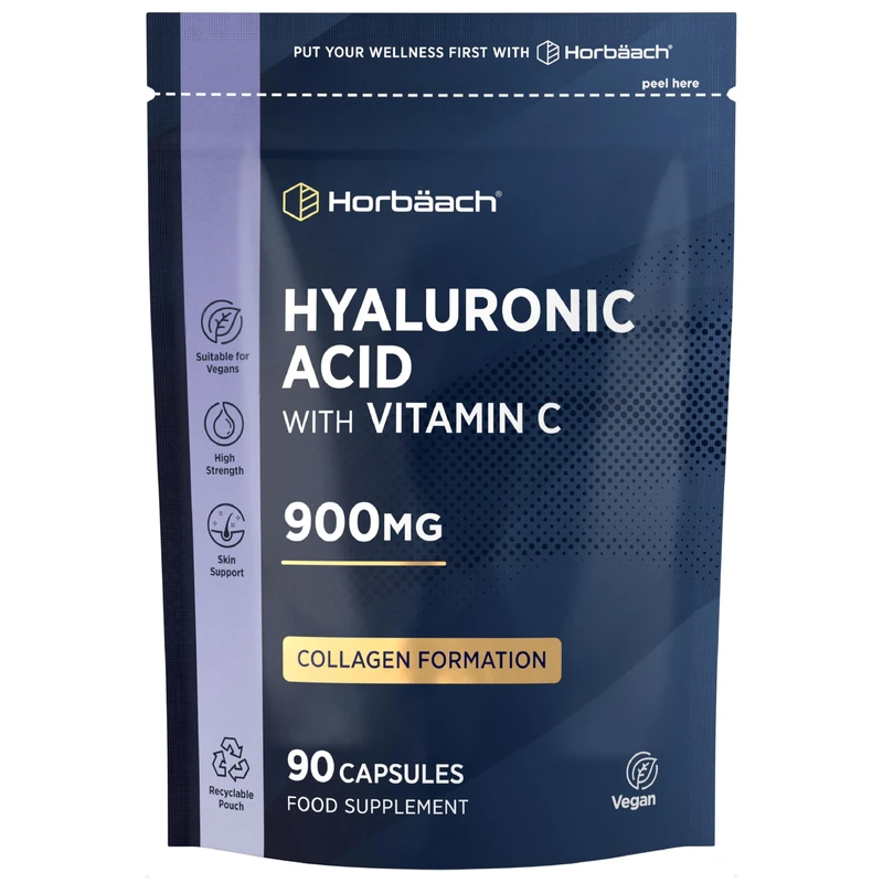 Hyaluronic Acid Supplement 900mg (500-700 KDA) | High Strength Vegan Bioavailable Formula with Vitamin C | 90 Capsules | by Horbaach