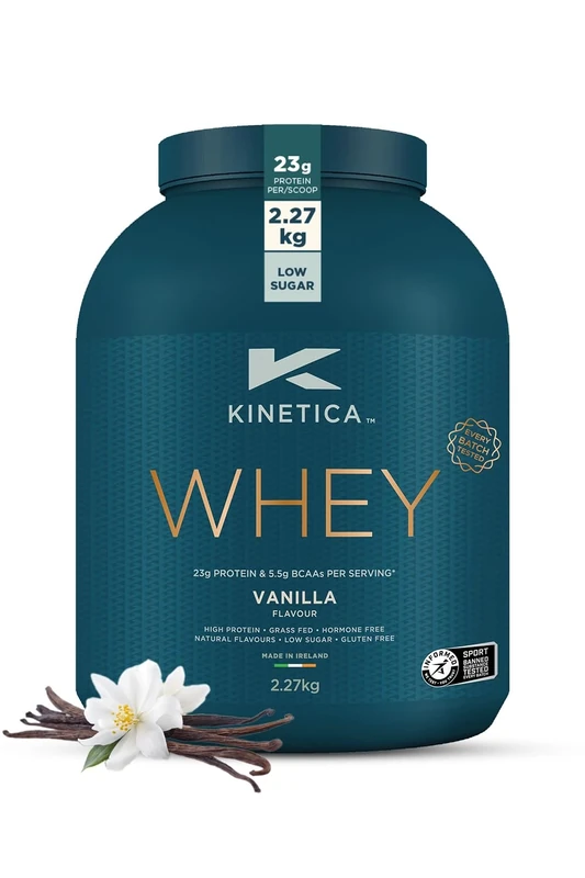 Kinetica Sports Whey Protein Powder - Vanilla, 2.27 Kg, 76 Servings | 23g Protein, 5.5g BCAA Amino Acid & 4.32g Glutamine | Recovery Shake for Optimum Nutrition | WADA & Informed Sport Approved