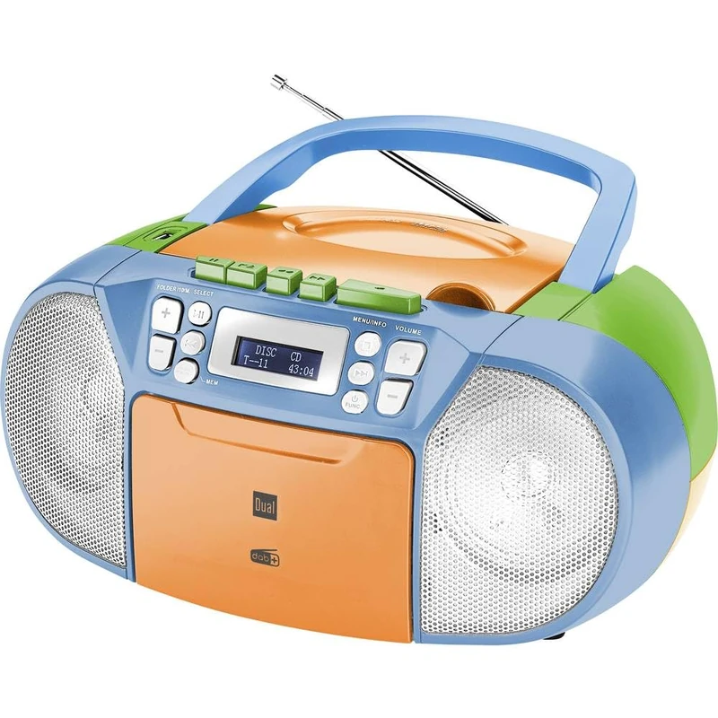 Dual DAB-P 210 Cassette Radio with CD - DAB(+)/FM Radio - Boombox - CD Player - Stereo Speaker - USB Port - Aux Input - Mains/Battery Operated - Portable - Colourful