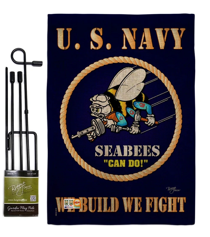 Sea Bees Burlap Garden Flag - Set with Stand Armed Forces Navy USN Seabee United State American Military Veteran Retire Official - House Banner Small Yard Gift Double-Sided Made In USA 13 X 18.5 - Image 1