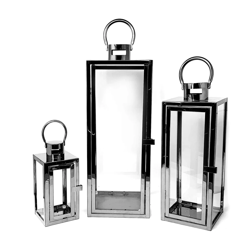 Allgala 3-PC Set Jumbo Luxury Modern Indoor/Outdoor Hurricane Candle Lantern Set-Cuboid Black-HD90413