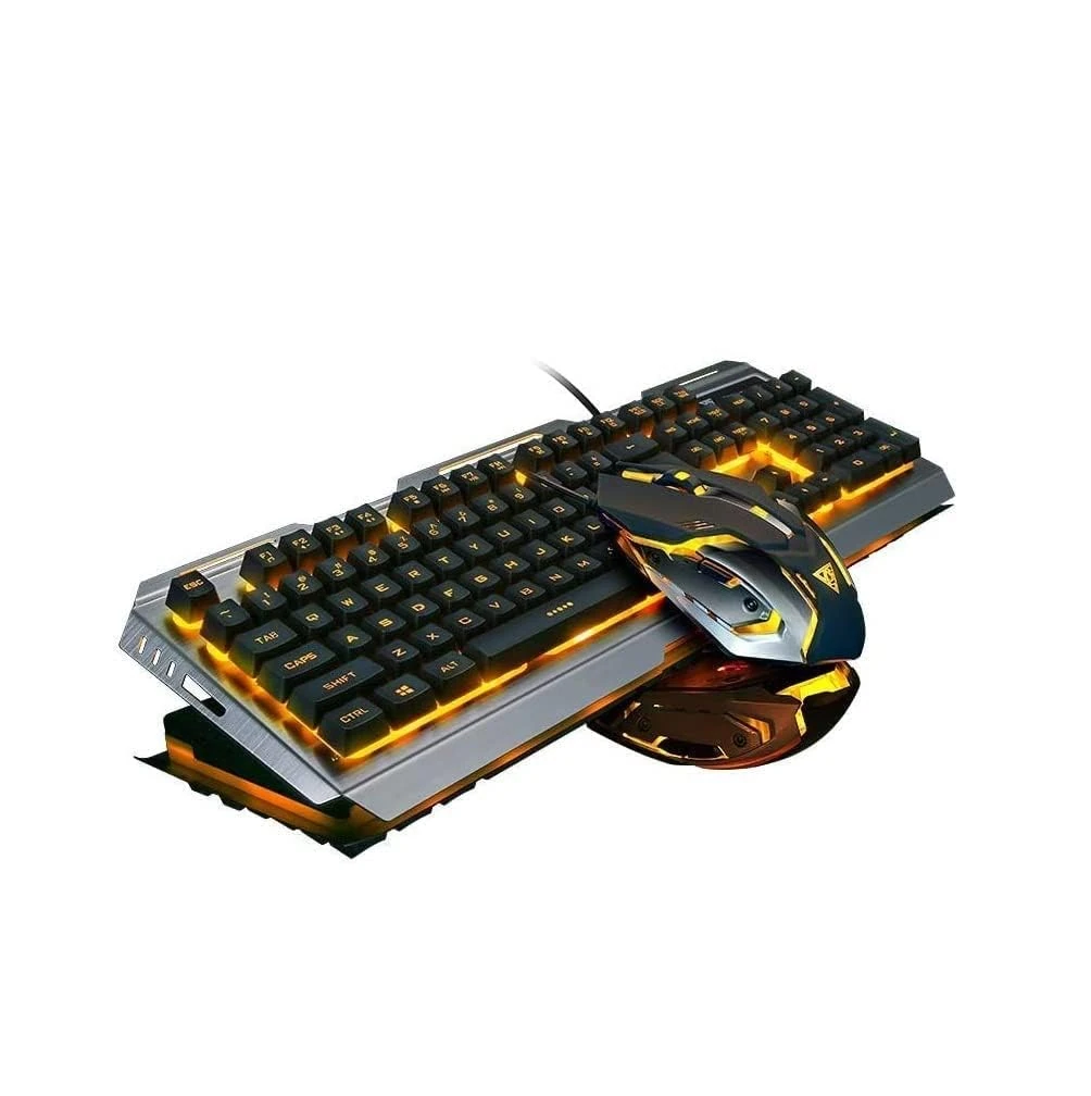 Wired Gaming Keyboard Mouse Combo,Iron Metallic Frame,Orange Yellow LED Backlit Bright Changing,Full Size 104 Keycap,USB 2.0,for Prime Xbox One PS4 Gamer