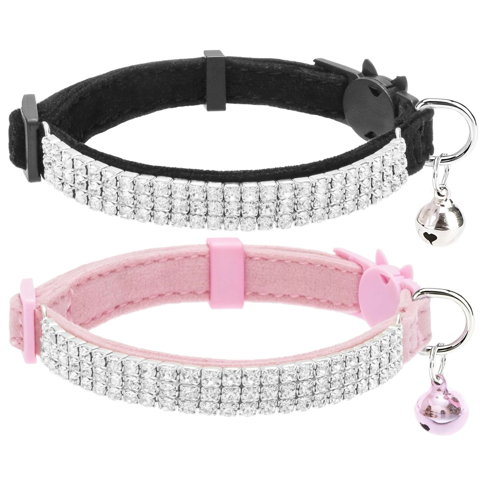 EXPAWLORER Velvet Cat Collar with Bell Quick Release - Sparkling Rhinestones Cute Cat Collars Breakaway Safety Buckle, Adjustable Soft Dazzling Pet Collar for Cats and Puppies, Pink & Black