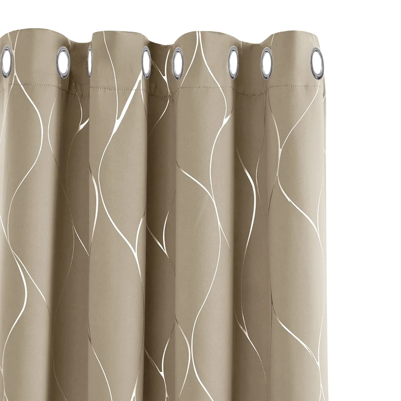 Deconovo Thermal Insulated Blackout Curtains Silver Wave Foil Printed Eyelet Curtains for Bedroom Taupe W55 x L114 One Pair