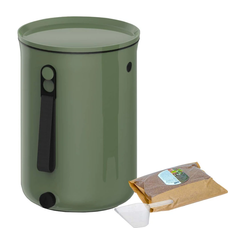 Skaza Bokashi Organko 2 | Organic Kitchen Waste Bin 9.6 Litres - Compost Bin for Kitchen Waste - with 1 kg EM Fermenting Activator (Olive)