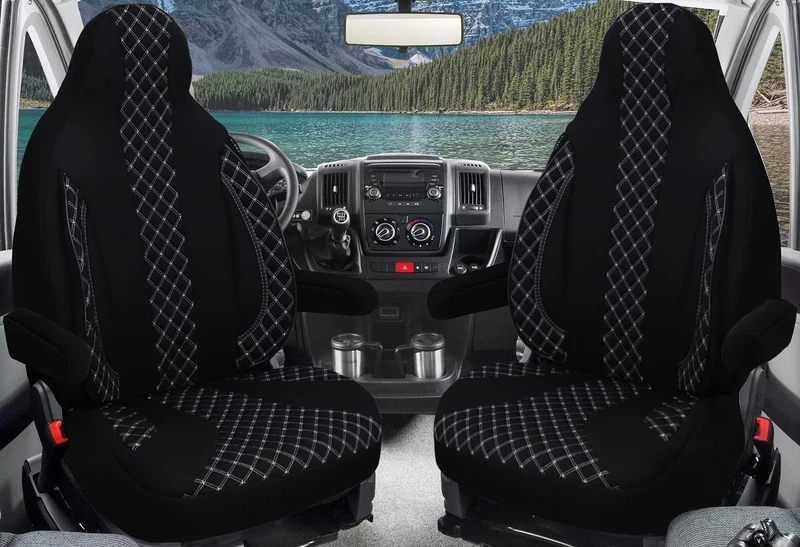 Custom Seat Covers Driver and Passenger Compatible with Motorhome Pössl Weinsberg Knaus Adria Dethleffs Fendt Carthago Bürstner Eura Mobile Pilote Laika Kabe Chausson Hobby PL408 (Black/White)