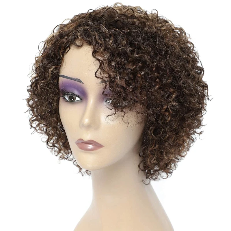 HUA Short Curly Wigs for Black Women Human Hair Mix Chocolate Brown Medium Brown Chestnut Brown Curly Human Hair Wigs for Black Women Glueless - Image 1