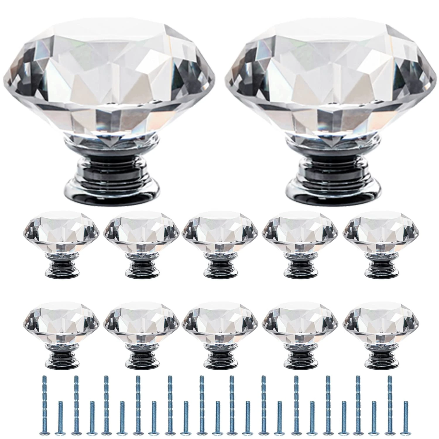 Furniware Clear Crystal Door Knobs, 12 Pcs 50mm Crystal Glass Door Drawer Knobs Diamond Cut Drawer Handles with 3 Sizes Screws for Cupboard Cabinet Wardrobe Home Decorating