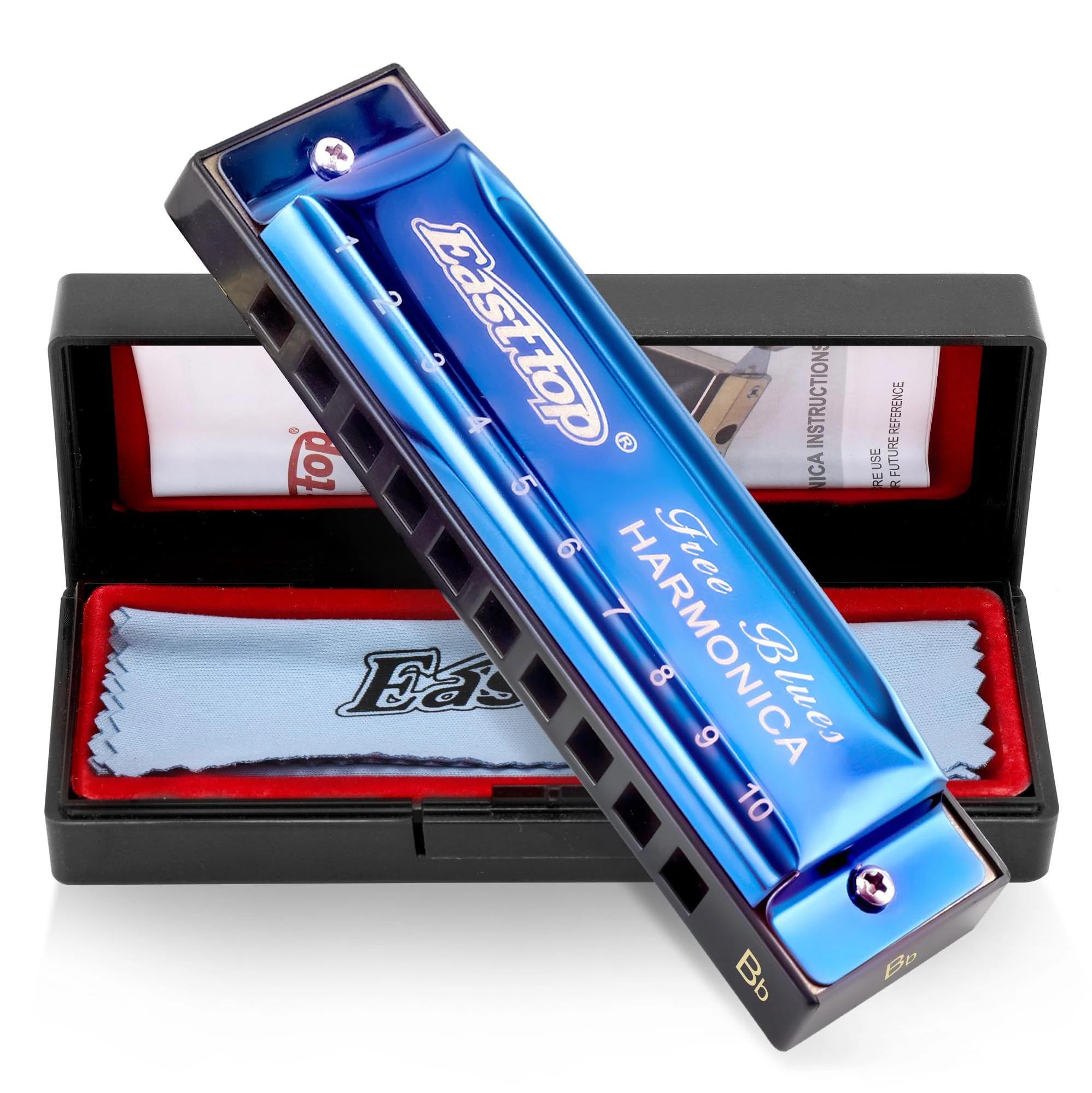 East top 10 Holes 20 Tones Blues Diatonic Harmonica Key of Bb For Adultes, Beginners, Professional players and Students（Blue）