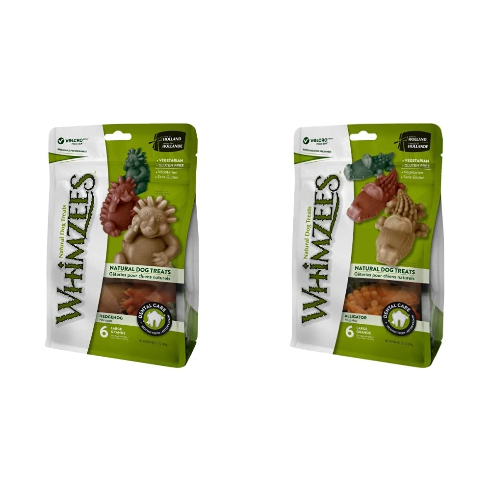WHIMZEES Natural Dental Dog Chews Long lasting, Large Hedgehog, 6 Pieces & Natural Dental Dog Chews Long lasting, Large Alligator, 6 Pieces