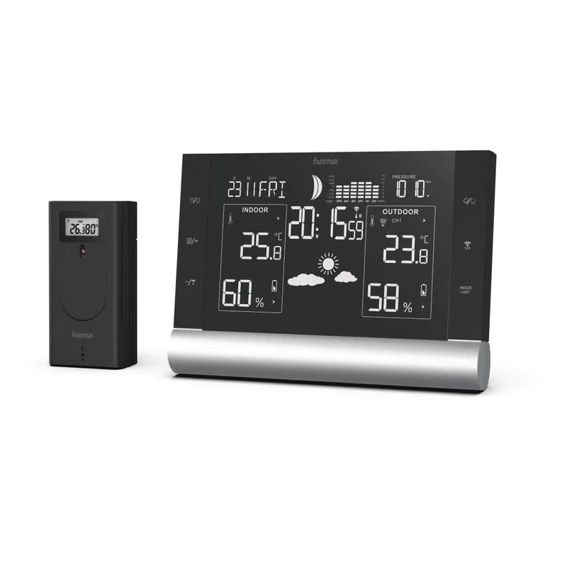 Hama Black Line Plus Weather Station | DCF Clock Radio | Temperature & Humidity Display Using Outside Sensor | Forecast & Moon Phase Display | Black