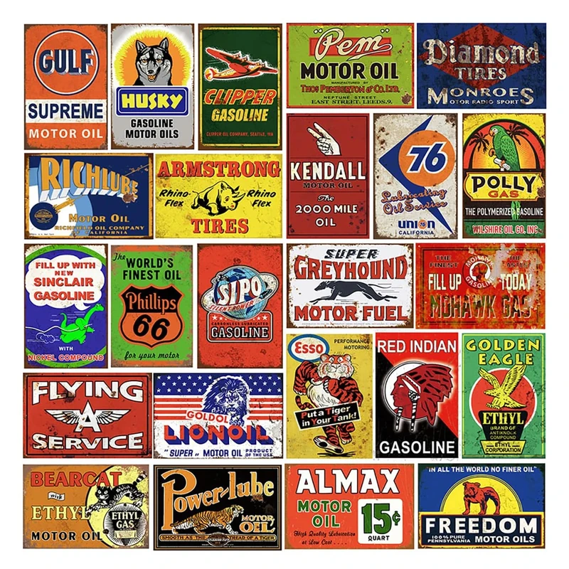 Tin Signs 24 Pieces Reproduced Vintage, Gas Oil Retro Advert Metal Sign for Garage Man Cave Bar Kitchen, 8x12 Inch (24 pcs)