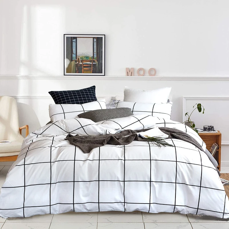 KAREVER White Grid Comforter Set Big Grid Bedding Set King White Black Plaid Printed Stripes Women Checkered Comforters Bedding White Plaid King Comforter