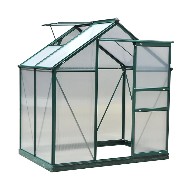 Outsunny 6 x 4ft Polycarbonate Greenhouse, Large Walk-In Green House with Slide Door and Window, Garden Plants Grow House with Aluminium Frame and Foundation, Dark Green
