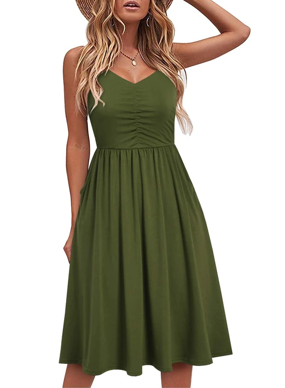 YATHON Casual Dresses for Women Sleeveless Cotton Summer Beach Dress A Line Spaghetti Strap Sundresses with Pockets, Army Green, L