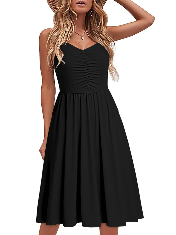 YATHON Casual Dresses for Women Sleeveless Cotton Summer Beach Dress A Line Spaghetti Strap Sundresses with Pockets, Yt090-black, XL - Image 1