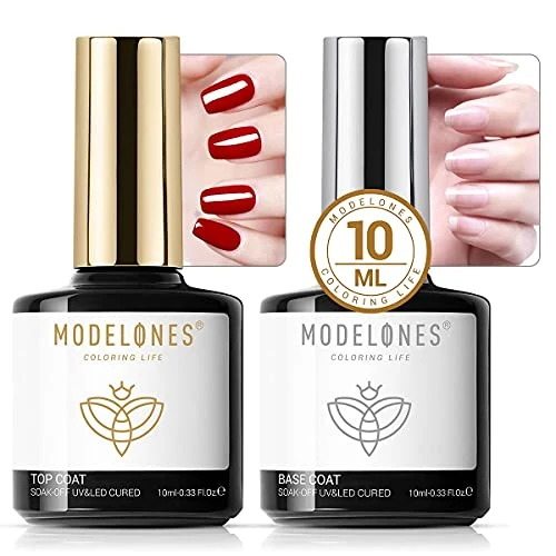 Modelones Gel Top and Base Coat, Gel Nail Polish No Wipe Top Coat Base Coat Set, 2x10ml LED Soak Off New Upgraded Formula Long-Lasting Gloss and Shiny Finish For Home DIY and Nail Salon