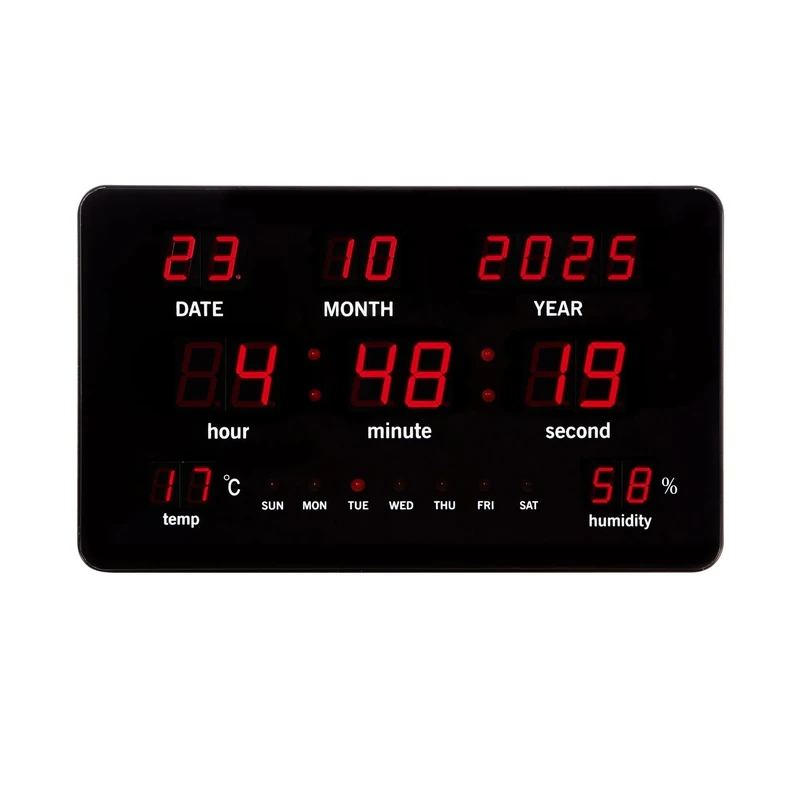 Perel Digital Wall Clock with LED Display, Thermometer, Hygrometer, Black, Red - Image 1
