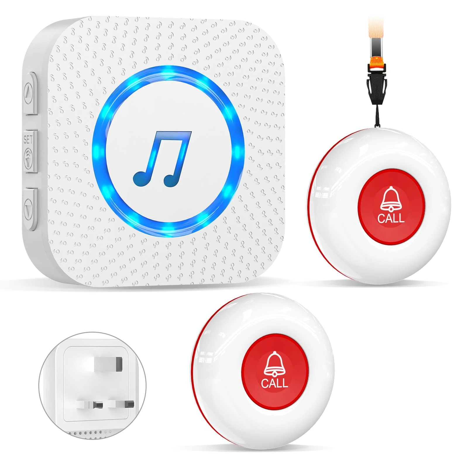 ChunHee Call Bell for Elderly, Panic Button Alarm, Emergency Caregiver Pager, Home Alarm Systems/Nurse Alert System for Patient 500Ft/150m with 1*UK Plug-in Receiver & 2*Waterproof Transmitters