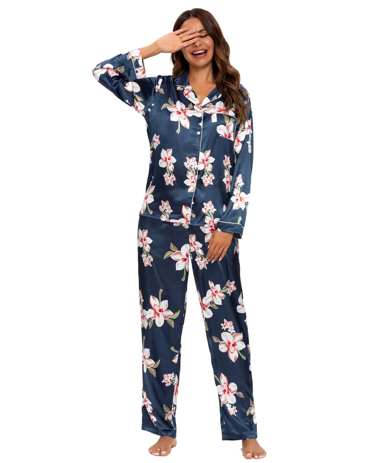 GOSO Women Pyjamas-Satin Pyjamas Ladies Button Down Silk Pjs Long Sleeve Top and Pants Sleepwear Lady Nightwear Soft Sets Blue
