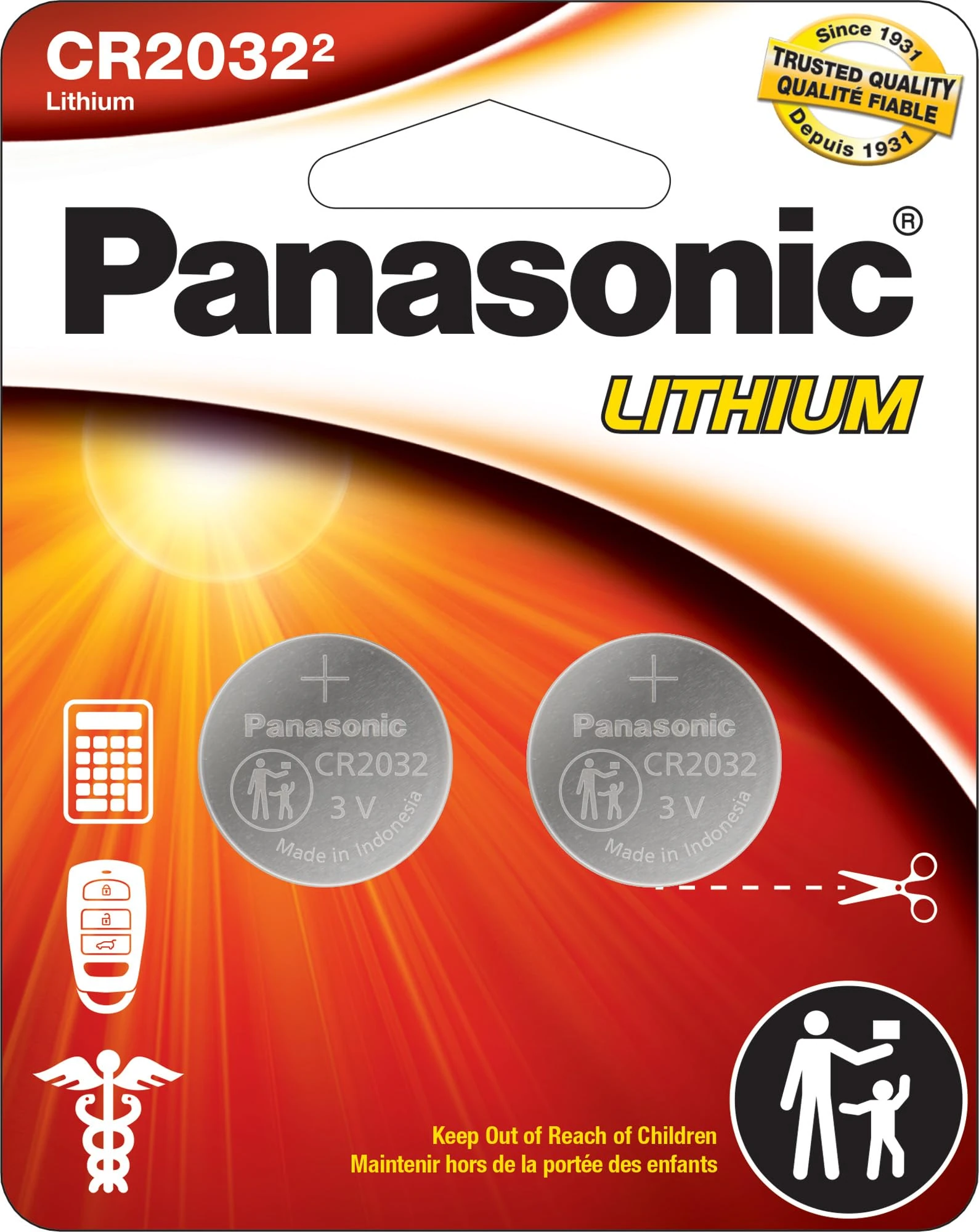 Panasonic CR2032 3.0 Volt Long Lasting Lithium Coin Cell Batteries in Child Resistant, Standards Based Packaging, 2-Battery Pack