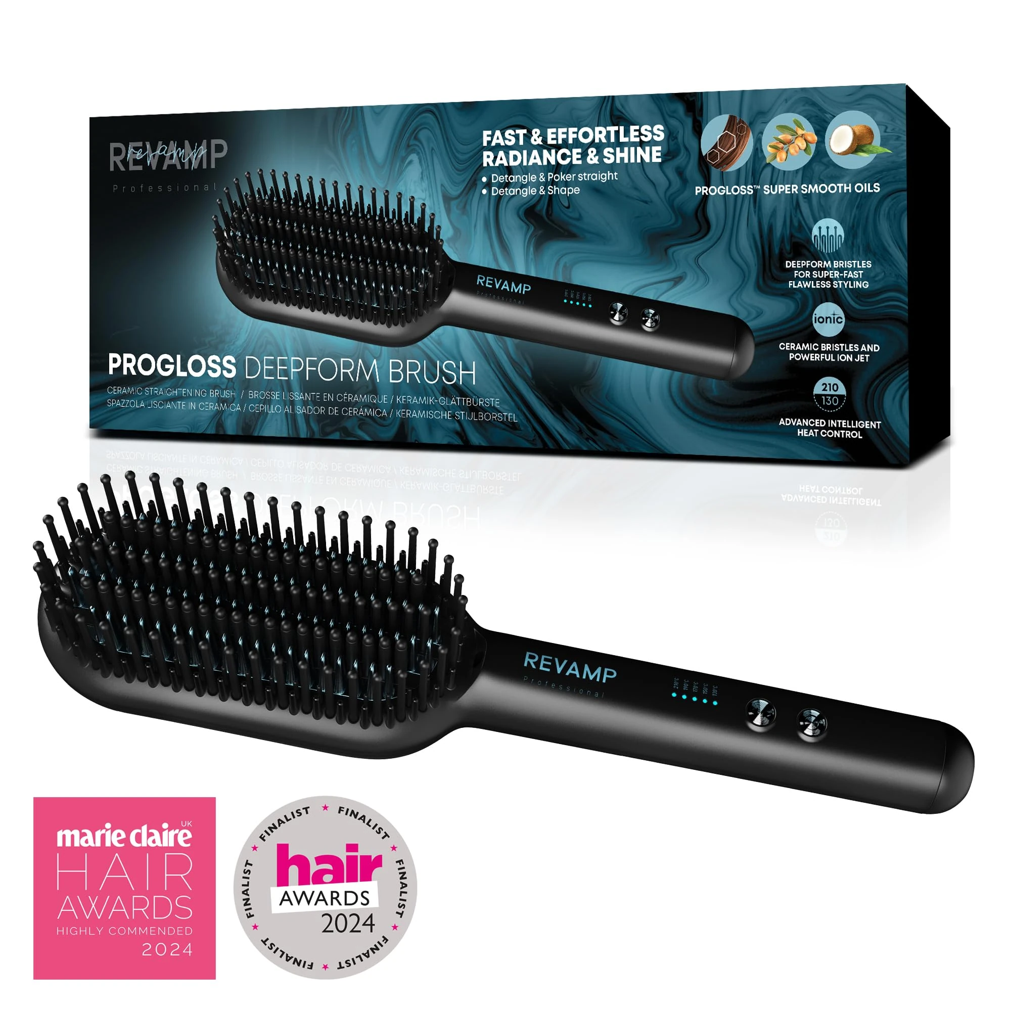 REVAMP Progloss Deepform Hair Straightener Brush, Ceramic Heated Brush Styler with Smoothing Salon Professional Shine Oils - Hot Styling Brushes with Powerful Ion Jet for Fast Hair Straightening