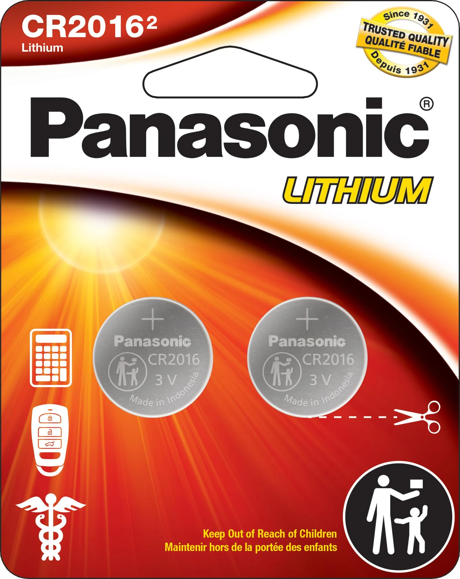 Panasonic CR2016 3.0 Volt Long Lasting Lithium Coin Cell Batteries in Child Resistant, Standards Based Packaging, 2-Battery Pack