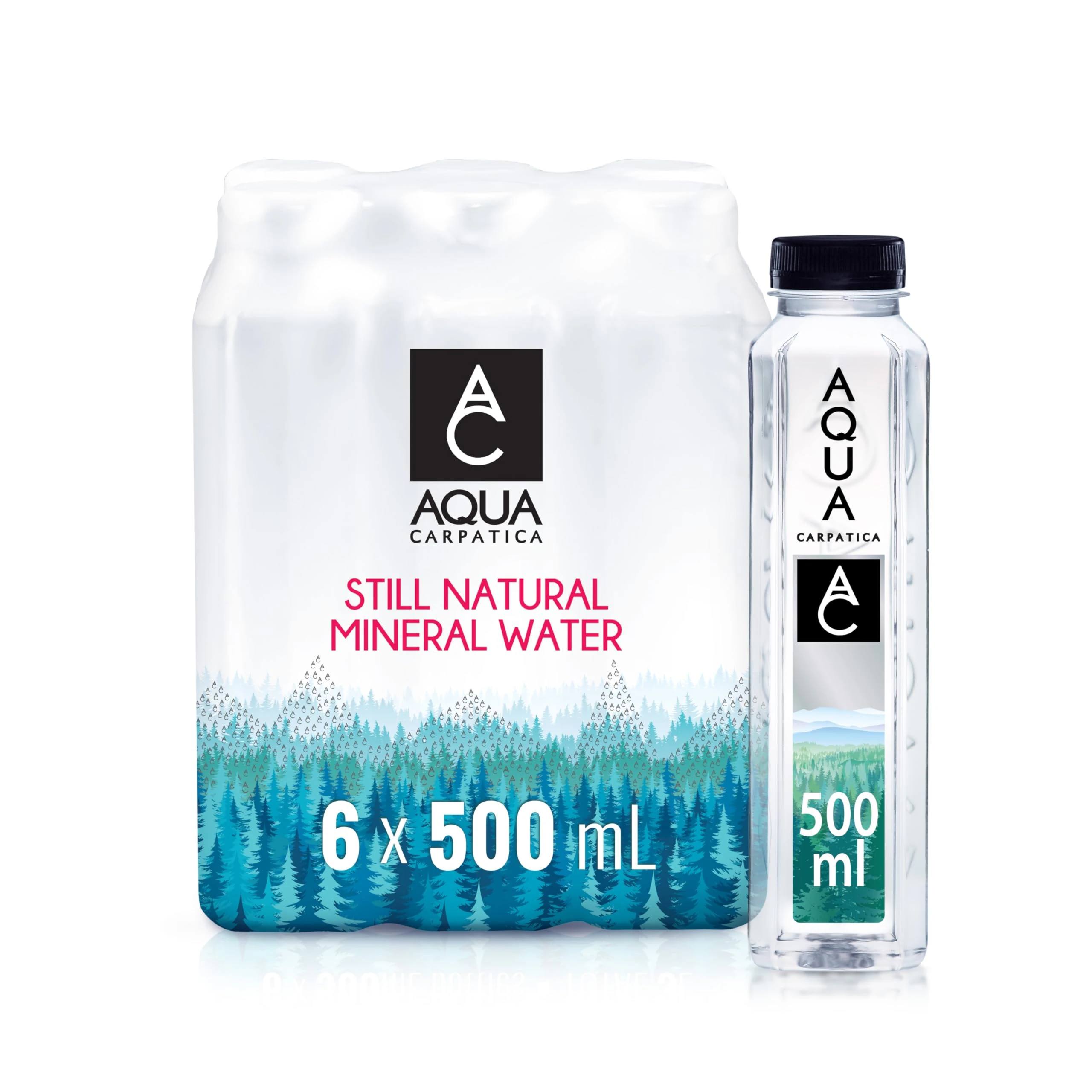 AQUA Carpatica Pure Natural Still Mineral Water, Virtually Nitrate Free, Low Sodium, Naturally Alkaline, Natural Electrolytes, Premium Multipack 100% Recyclable, 500 ml (Pack of 6)